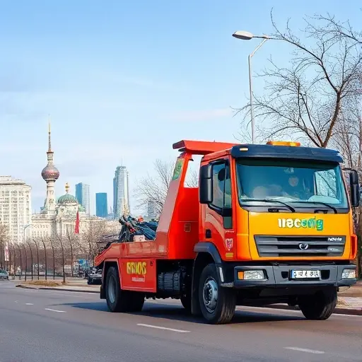 A tow truck parked on a Moscow street in the Rostokino district, with a driver holding a phone to a dispatcher in a control room. The scene shows the tow truck’s bright paint and logo, a city skyline in the background, and a clear, realistic depiction of a phone call in progress. No text, letters, or digits should appear in the image.
