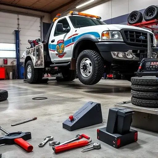A tow truck in a garage undergoing maintenance. The truck is parked on a concrete floor with a hydraulic lift. Tools such as wrenches, a jack, and a battery charger are scattered around. The background shows a workbench with a spare tire, a set of lug nuts, and a toolbox. The scene conveys a professional maintenance environment with a focus on mechanical detail.