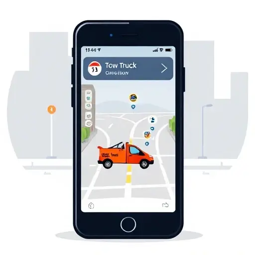 A modern, clean illustration of a smartphone screen displaying a map with tow truck icons, a tow truck on a city street, with a subtle cityscape background, no text or lettering, minimalistic and clear