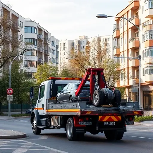 A realistic scene of a tow truck operating in the Chertanovo North district of Moscow, with the truck positioned on a city street surrounded by typical residential buildings, trees, and street signs, under a clear sky. The focus is on the tow truck and its equipment, showing the vehicle's details and the urban environment, without any text or logos.