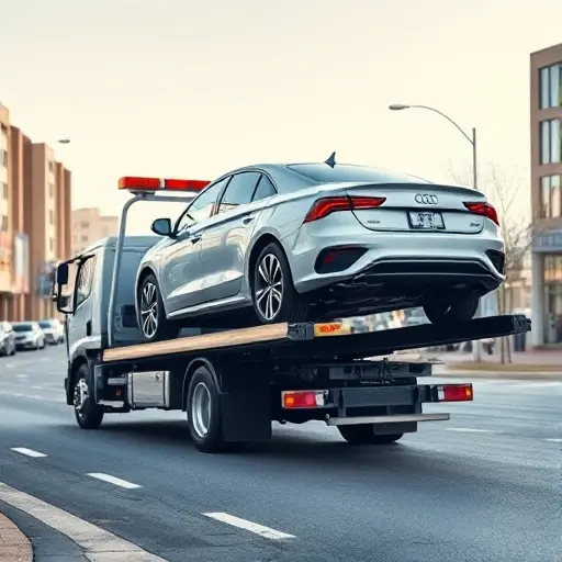 A modern tow truck gently lifting a brand-new car onto its flatbed, set on a clean city street with subtle background buildings and a clear sky, emphasizing the professional and careful transportation of the vehicle without any text or signage.
