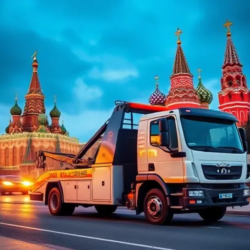 A tow truck parked near a Moscow landmark, such as the Kremlin or Red Square, with a subtle price tag icon on its side, no text or numbers, realistic style
