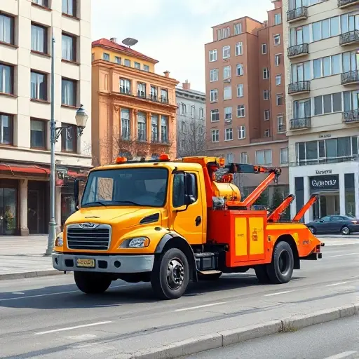 A realistic small-scale high-quality illustration of a tow truck (evakuator) parked on a city street at 3rd Voykovskaya, surrounded by typical urban buildings, street lamps, and a clear road under daylight, without any text or logos.