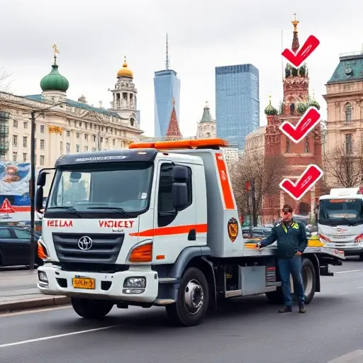 A reliable tow truck parked on a city street in the Molzhaninovsky district of Moscow, with the iconic Moscow skyline in the background, a professional driver standing beside the vehicle, and subtle hints of a guidebook theme such as a checklist overlay made of icons, all depicted in a clean, detailed smallHQ style