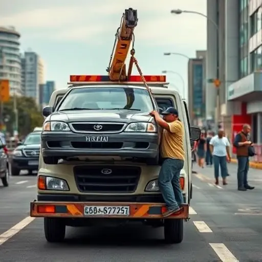 A low-cost tow truck in a busy street, with a worker struggling to lift a car onto the hook. The scene shows the difficulty of loading and unloading the vehicle, with the truck’s front in focus and the car partially hanging. The background includes a cityscape and a few pedestrians watching. No text or signage is visible.