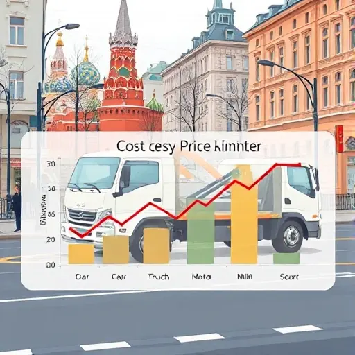 An illustration of a tow truck on a Moscow street, with a price range chart overlay showing cost per kilometer for different vehicle types (car, truck, motorcycle), depicted as icons and a graph, no text, in a clean, realistic style
