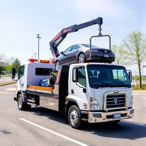 A modern tow truck equipped with a hydraulic manipulator arm, positioned in a parking lot. The truck is lifting a small car onto its platform, showcasing the manipulator's reach and strength. The scene emphasizes the tow truck's robust design and the mechanical precision of the crane, with a clear, detailed background of a city street.