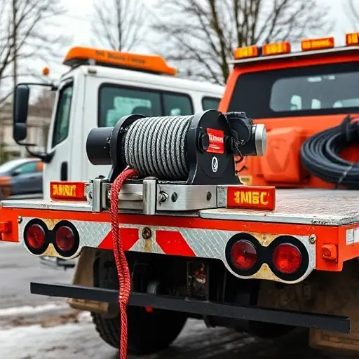A tow truck in a Moscow-Ryazan setting, prominently displaying a winch (лебедка) and attachment brackets (крепления) with the winch cable extended, no other vehicles or people in the frame