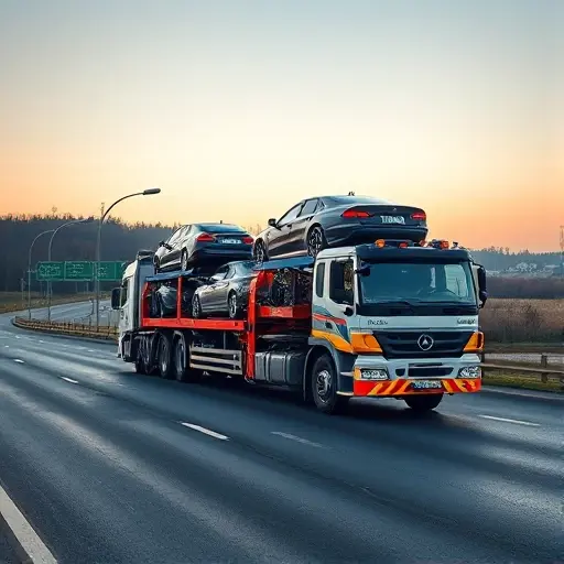 A detailed scene showing a robust tow truck (evacuator) with a full load of vehicles on a highway, representing the route from Sergiev Posad to Moscow. The tow truck is positioned prominently, with multiple cars securely attached on its platform. The background features a subtle hint of Russian countryside transitioning into urban outskirts, with no visible signage or text. The composition emphasizes the service of full-load vehicle towing, using realistic lighting and a clear, focused perspective.