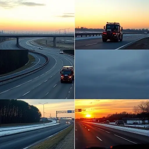 A realistic scene showing a tow truck on a highway connecting St. Petersburg and Moscow, split into multiple panels illustrating different times of day and weather conditions: sunrise with light fog, midday clear sky, evening sunset with rain, and night with snow, all without any text, letters, or digits