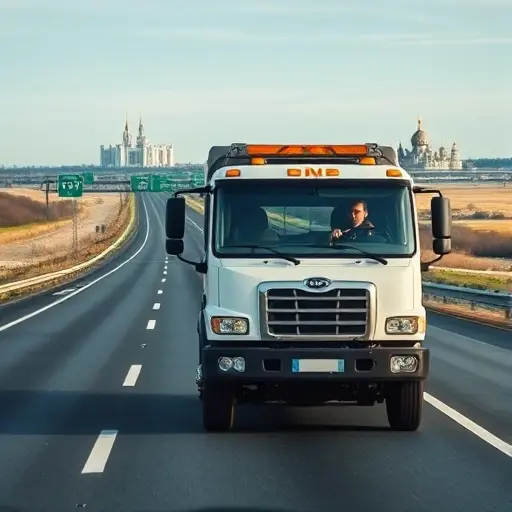 A reliable tow truck driving on a long highway that stretches from the southern city of Rostov to the northern capital Moscow, with subtle road signs indicating distance, a distant skyline of both cities on the horizon, a professional driver visible through the windshield, and a clear sky showing the journey across Russia