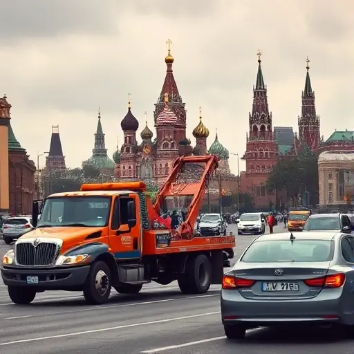 A realistic scene of a tow truck in Moscow, with the iconic Kremlin skyline in the background, a broken down car on a busy street, the tow truck operator assisting, urban traffic, overcast sky, detailed city atmosphere.