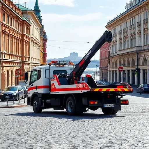 A realistic scene of a tow truck operating on a street in the historic Zamoskvorechye district of Moscow, with classic Russian architecture, cobblestone roads, and a backdrop of the Moscow River, showing the vehicle's hook and platform, under a clear sky, without any text or signage