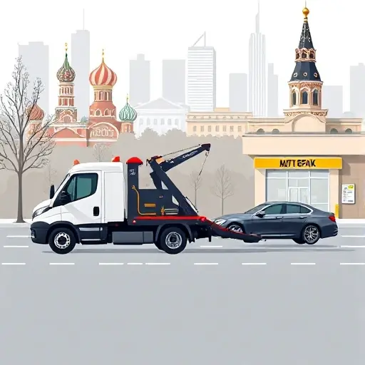 A modern tow truck in a city setting, pulling a sedan car toward an auto repair shop. The background shows a recognizable Moscow skyline with iconic buildings. The scene conveys the idea of delivery and service, with a clear, clean composition and no textual elements.