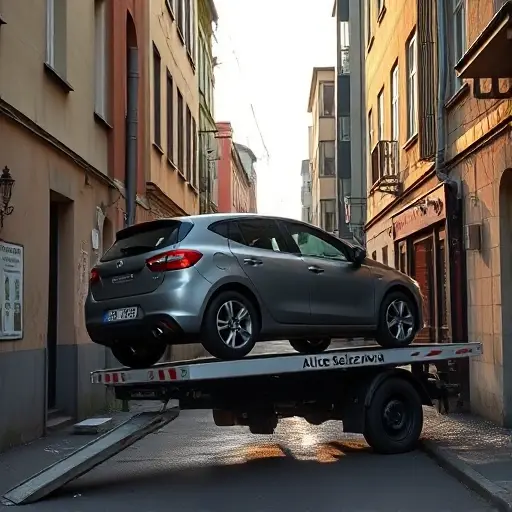 A compact sedan being lifted onto a tow truck with a winch on a quiet urban alley named after Alice Selezneva, surrounded by modest buildings under early morning light, realistic details, no visible signage or text