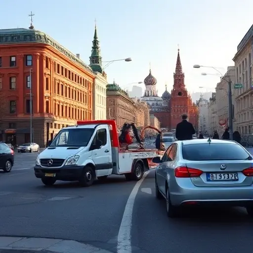 A realistic city scene of Moscow showing a compact tow truck (evakuator) pulling a small passenger car onto the side of a busy street, with recognizable Moscow architecture such as a red brick building and a distant Kremlin silhouette, under a clear sky. The focus is on the tow truck and the car, conveying the importance of tow services in the city.