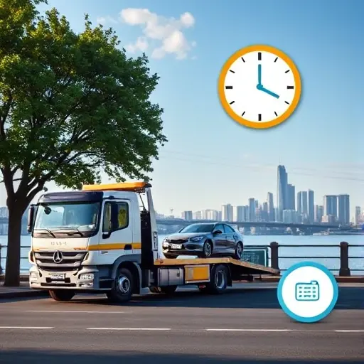 A realistic scene of a tow truck parked on Berezhkovskaya Embankment, with a car being towed, a city skyline in the background, a clock and a calculator icon subtly placed to represent time and cost factors, all in natural lighting.