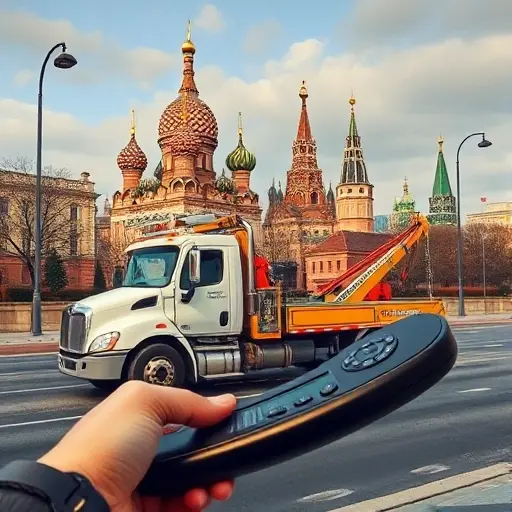 A realistic depiction of a tow truck parked near a recognizable Moscow landmark, with a phone handset in the foreground and a person holding the phone, all rendered in a detailed, realistic style without any text, letters, or numbers.