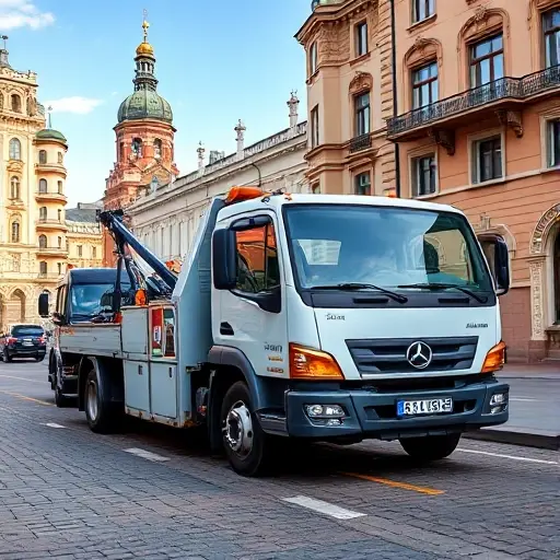 A modern tow truck parked on a cobblestone street in Zamoskvorechye, Moscow, with historic architecture in the background, under a clear sky, no text or logos visible