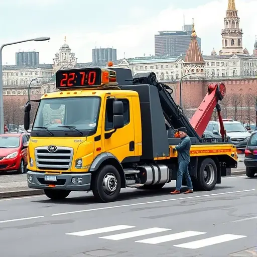 A tow truck parked on a busy Moscow street, with a frustrated driver waiting beside it. The scene shows a clock on the side of the truck indicating 20 minutes, and a cityscape with recognizable Moscow architecture in the background. No text or signage visible.
