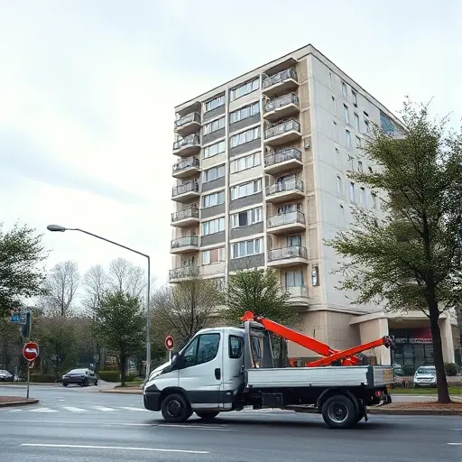 A realistic city street scene in Moscow's Levoberezhny district, featuring a compact tow truck parked beside a modern apartment building with typical Russian architecture, a few trees and street lamps, and a subtle hint of a phone or app icon floating nearby to suggest calling a service, all rendered in the smallHQ style without any visible text, letters, or numbers.