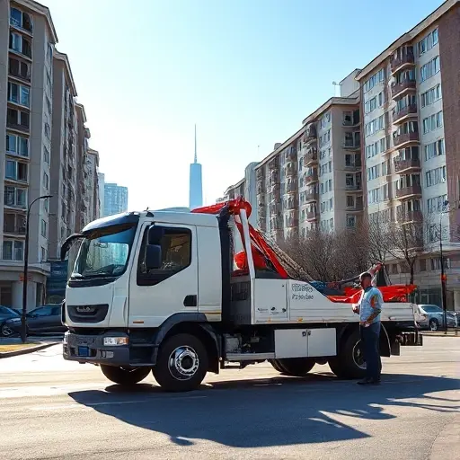 A modern tow truck positioned on a typical Eastern Moscow street, surrounded by mid‑rise Soviet‑era apartment blocks and a glimpse of the Moscow skyline under bright daylight. The truck's hook is lowered, and a driver in a simple uniform stands nearby, but no signage, text, or brand logos are visible.
