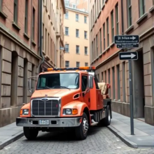 A tow truck parked on a narrow, cobblestone street with a small, modern street sign indicating direction, surrounded by typical city buildings and a subtle hint of a nearby alleyway, all depicted in a realistic, high-resolution style without any text or lettering.