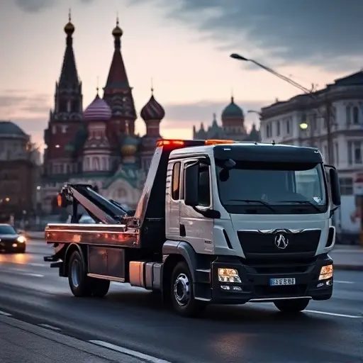 A modern tow truck parked on a quiet Moscow street at dusk, with the iconic St. Basil's Cathedral and other city skyline elements subtly visible in the background. The truck is shown from a side and front angle, emphasizing its sleek design and functional features, but no driver or people are present. The scene is atmospheric, with soft city lights and a muted color palette, capturing the essence of a 24‑hour towing service without any text or signage in the image.