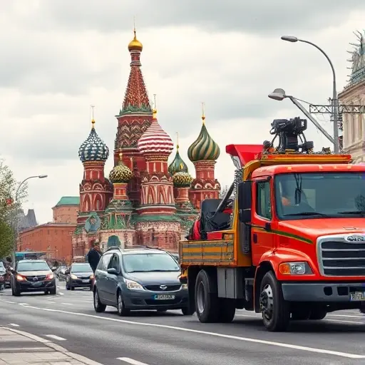 A realistic scene of a tow truck arriving at a busy Moscow street, with the iconic Saint Basil's Cathedral silhouette in the background, showing the truck's hook and a driver assisting a small car that has broken down, under a cloudy sky, in a compact high-quality illustration style.