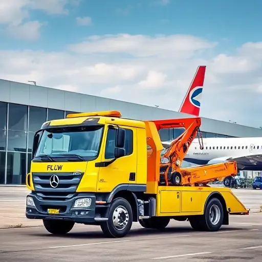 эвакуатор аэропорт москва недорого A tow truck parked near a modern airport terminal in Moscow, with a large airplane in the background and a bright, eye-catching color scheme to convey affordability and efficiency. The scene should emphasize the tow truck's readiness and the bustling airport environment, without any text or lettering.