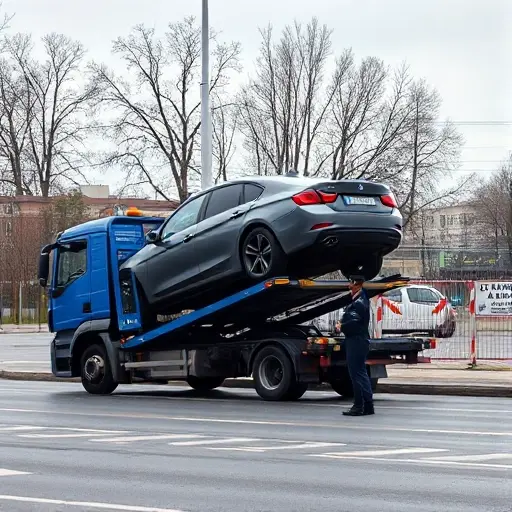 A realistic scene of a Moscow street with a blue tow truck lifting a sedan onto its platform, the car's wheels off the ground, a traffic police officer in uniform directing the operation, and a fenced, marked penalty parking area in the background with caution cones and a signboard without visible text, under overcast sky