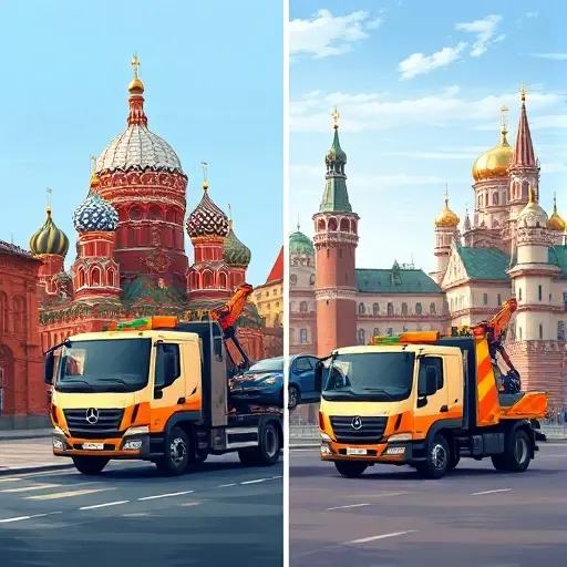 A realistic smallHQ style illustration showing two city scenes side by side: on the left, a modern tow truck (evakuator) parked on a Moscow street with the silhouette of the Kremlin dome and red brick buildings in the background; on the right, a similar tow truck on a Nizhny Novgorod street with the Nizhny Novgorod Kremlin and the confluence of the Oka and Volga rivers visible. Both trucks are gently lifting a disabled car, emphasizing the service's relevance, without any text, logos, or people in the frame.