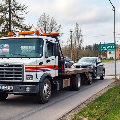 A tow truck arriving in a small Russian town, Lysykovo, with a driver and a car being towed, showing the road and a sign indicating the town name, no text or lettering in the image