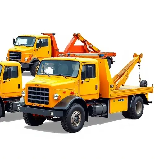 A realistic illustration of a Ural tow truck in a selection scene, showing several types of tow trucks (flatbed, hook, wheel‑lift) arranged side by side, with a clear background and no people, no faces, no text or letters, no digits, no text overlay, in a smallHQ style