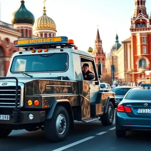 A modern tow truck parked on a busy Moscow street, with recognizable landmarks such as the Kremlin dome and red brick buildings in the background. The scene shows the truck's hook and lights, and a driver in a uniform assisting a car, conveying reliability and professional service. The atmosphere is bright daylight, with subtle motion blur to suggest activity, but no visible text, logos, or signage.