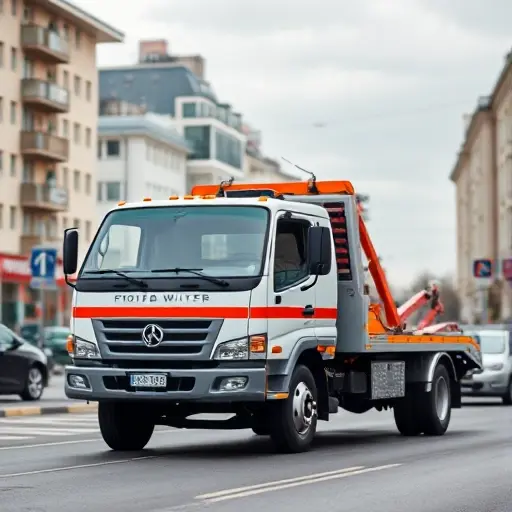 A reliable and affordable tow truck operating in the streets of Eastern Moscow, depicted in a realistic urban setting with recognizable Moscow architecture and subtle hints of a professional license badge, emphasizing trustworthiness and reputation without any text or signage