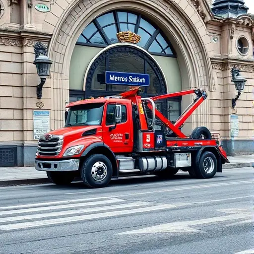 A tow truck parked near a Moscow metro station entrance, with the station's iconic architecture in the background, showcasing the tow truck's equipment and readiness for service