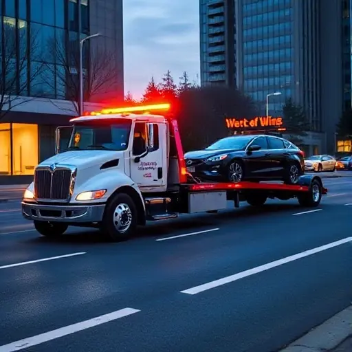 A modern, efficient towing service scene: a bright, well-maintained tow truck with a sleek design pulling a brand-new car on a city street at dusk, with clear lighting and a clean background, no text or signage