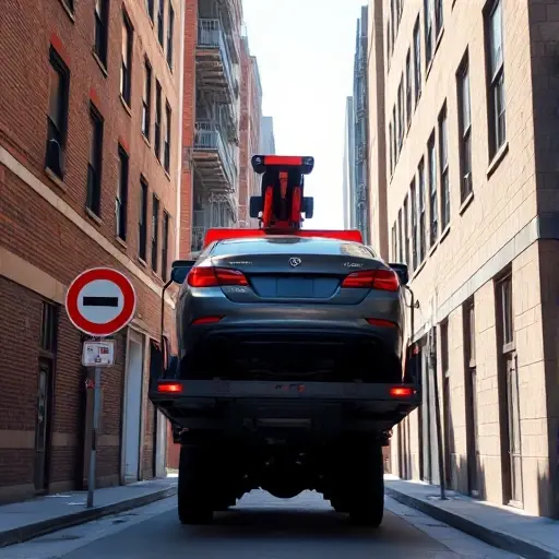 A tow truck lifting a parked car in a narrow urban alley, with surrounding city buildings and a road sign featuring a red circle with a slash indicating no parking, under a clear sky, realistic lighting and perspective