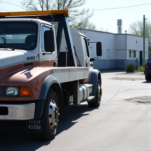 A tow truck parked on a street in Kanash, Russia, with a small industrial building in the background, a tow hook attached to a car, the scene in daylight, no people, no text, no logos