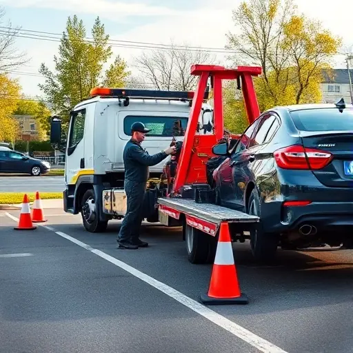 A professional tow truck in a suburban Moscow setting, with a mechanic attaching a winch to a parked car, showing the preparation steps for vehicle evacuation. The scene includes the tow truck, the car, safety cones, and a clear sky, all rendered in a realistic yet compact high-quality style.