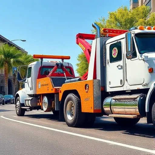 A realistic, bright scene of a tow truck pulling another tow truck along a city street, showing the tow hook, wheels, and truck bodies in detail, set in a sunny daytime environment with no text or logos visible