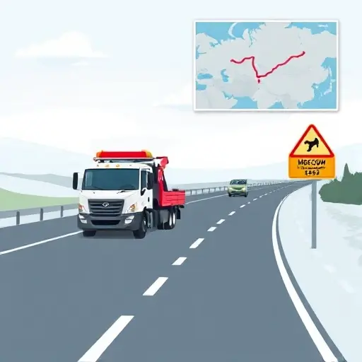 A realistic illustration of a tow truck on a highway between Moscow and Cheboksary, with a car being towed, a detour sign indicating alternative routes, and a subtle map overlay showing the distance, all in a calm, professional tone, no text or lettering, no explicit content.