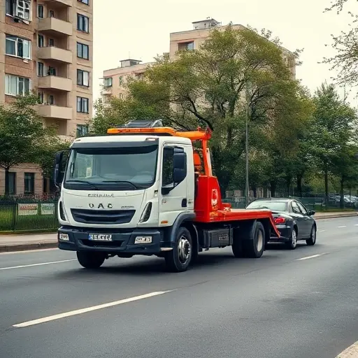 A realistic scene of a modern tow truck operating in a clean, well-lit street of Eastern Moscow, with recognizable Russian apartment buildings and trees in the background, showing the vehicle assisting a car safely, conveying affordability and reliability, without any text or signage