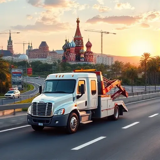 эвакуатор москва краснодар A modern tow truck driving on a highway that transitions from a cityscape with iconic Moscow landmarks such as the Kremlin dome and Saint Basil's Cathedral to a southern landscape featuring palm trees, a sunny sky, and hints of the Black Sea coast representing Krasnodar, all rendered in a realistic yet compact high-quality style without any text or signage.