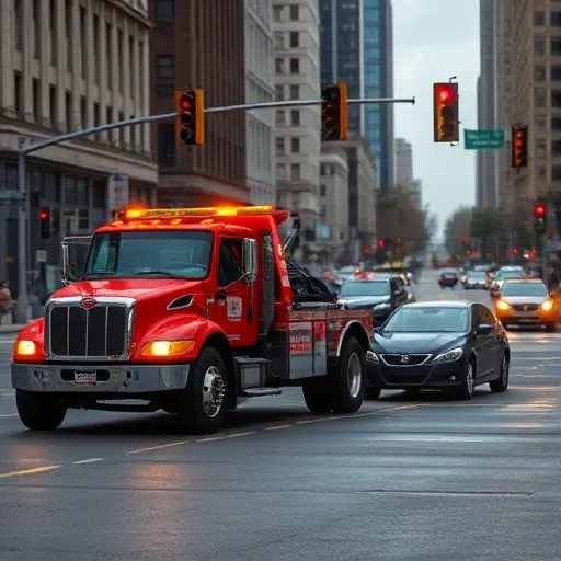 A tow truck on a busy city street, pulling a stranded car, with traffic lights and buildings in the background, realistic lighting, no text or symbols