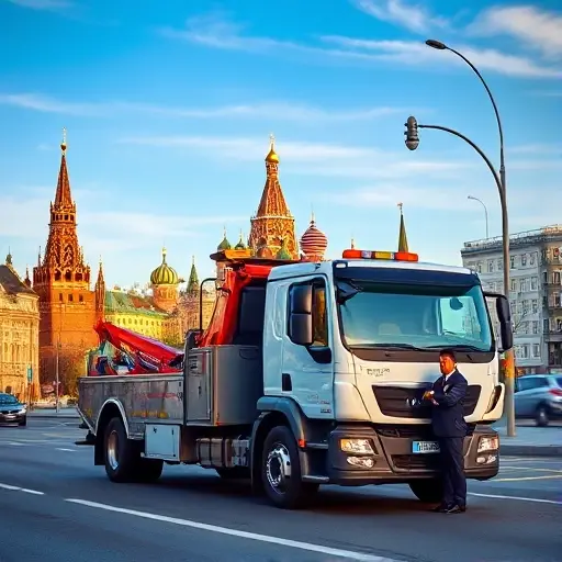 A modern tow truck parked on a Moscow street, with the iconic Kremlin skyline in the background under a clear sky. The scene shows the truck's hook and lights, a city road with traffic signs, and a professional driver in a uniform standing beside the vehicle, all rendered in a realistic yet compact high-quality style suitable for a small format