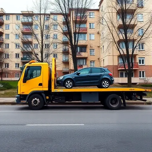 A bright yellow tow truck parked on a quiet residential street in the Marfino district of Moscow, with a small car being towed on a flatbed, surrounded by typical Moscow apartment buildings and a few trees.