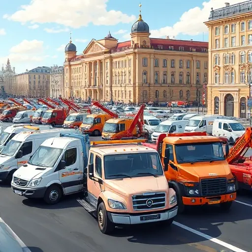 A realistic illustration of a variety of Russian tow trucks parked on a city street, showing different models and colors, with a backdrop of Russian architecture and a clear sky, no text or logos visible