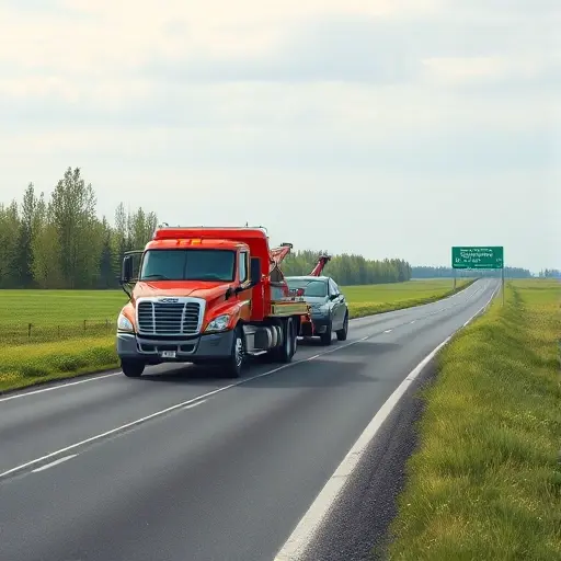 A tow truck pulling a car on a rural road with a subtle sign indicating Belogorsk in the background, no text or numbers, no people, no other vehicles, rendered in a clean, realistic style